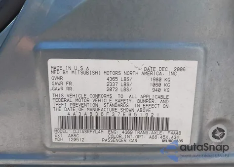 2007 Mitsubishi Galant Es/Se из США, поврежденный, VIN 4A3AB36F37E051921